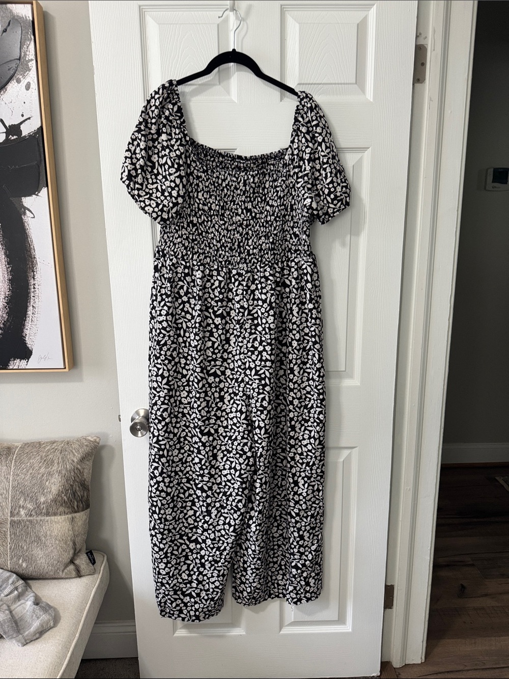 SHEIN Black and White Floral Smocked Jumpsuit